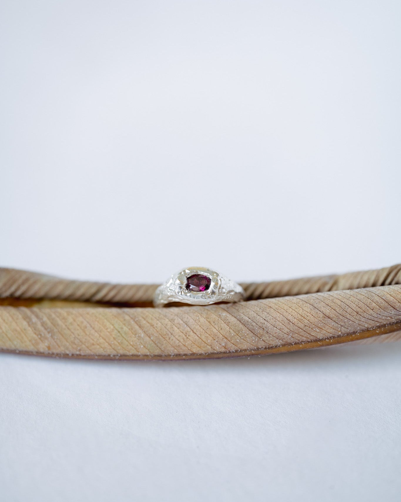 Silver ring with a red gemstone on a white background