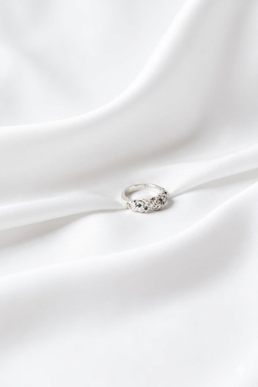 Organic Textured Silver Ring | Lab Emerald & Moissanite Jewelry