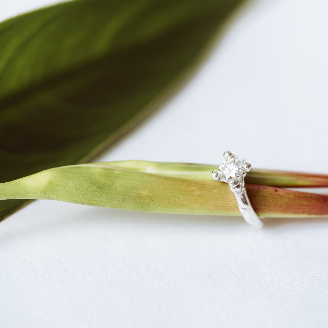 Moissanite Engagement Ring Silver, Handmade Wax Carved Ring, Unique Promise Ring