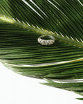 Diamond ring on a green palm leaf with a water droplet.