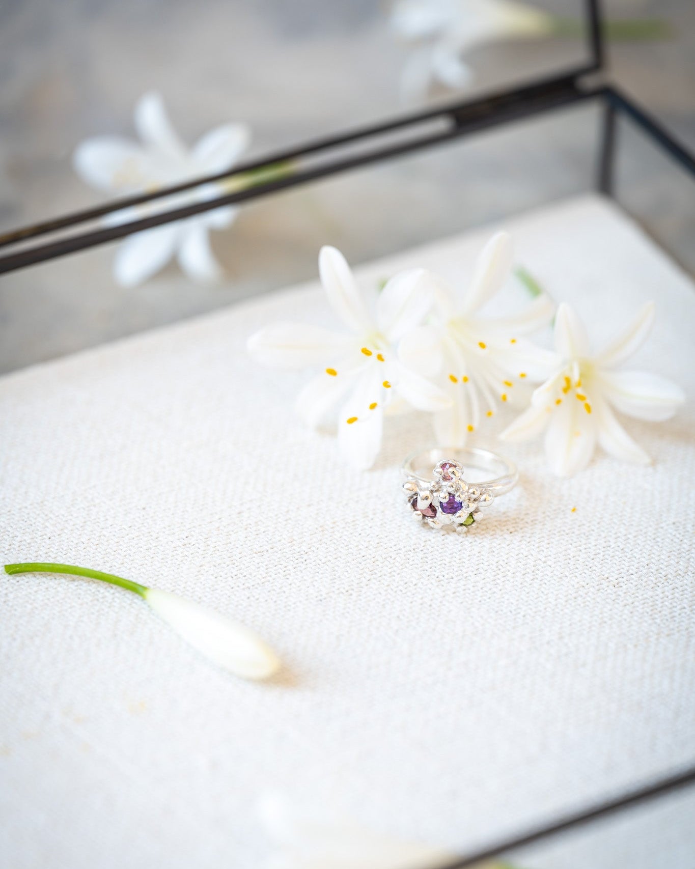 Jewelry box with a ring and white flowers on a white surface