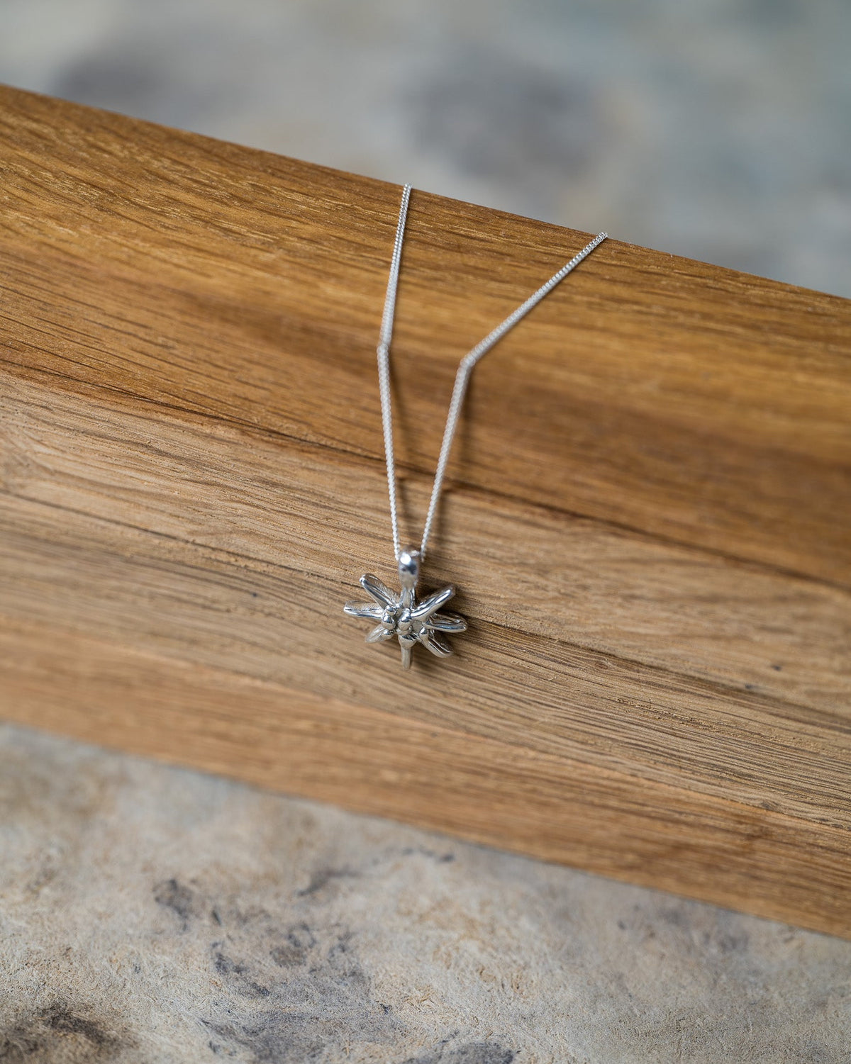 A delicate silver necklace with a small spider pendant, draped over a wooden block on a textured stone surface.