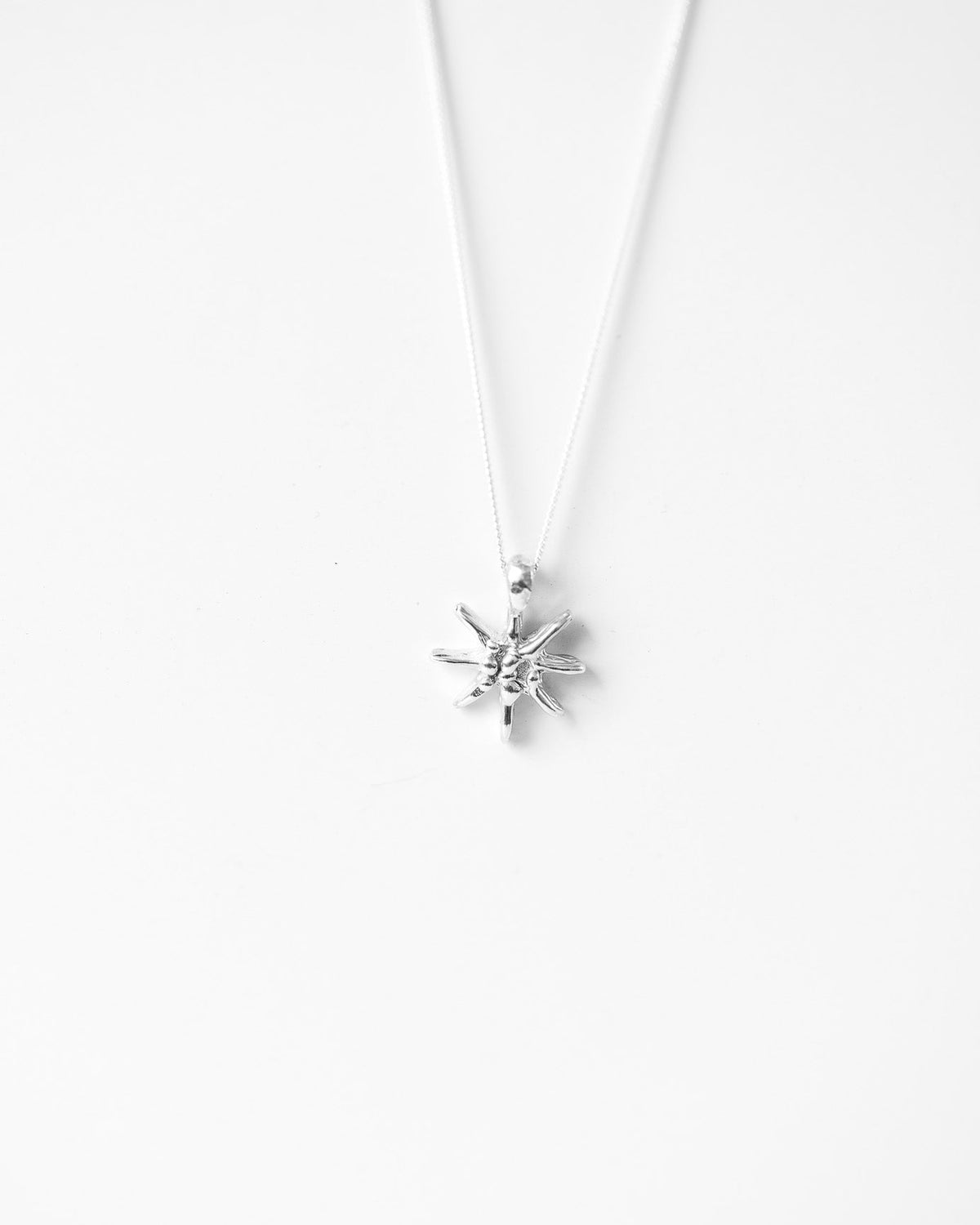 A delicate silver necklace with a small, multi-pointed starburst or snowflake pendant, suspended against a solid white background.