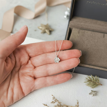 Hand holding a delicate silver necklace with a flower pendant, displayed against a neutral background.