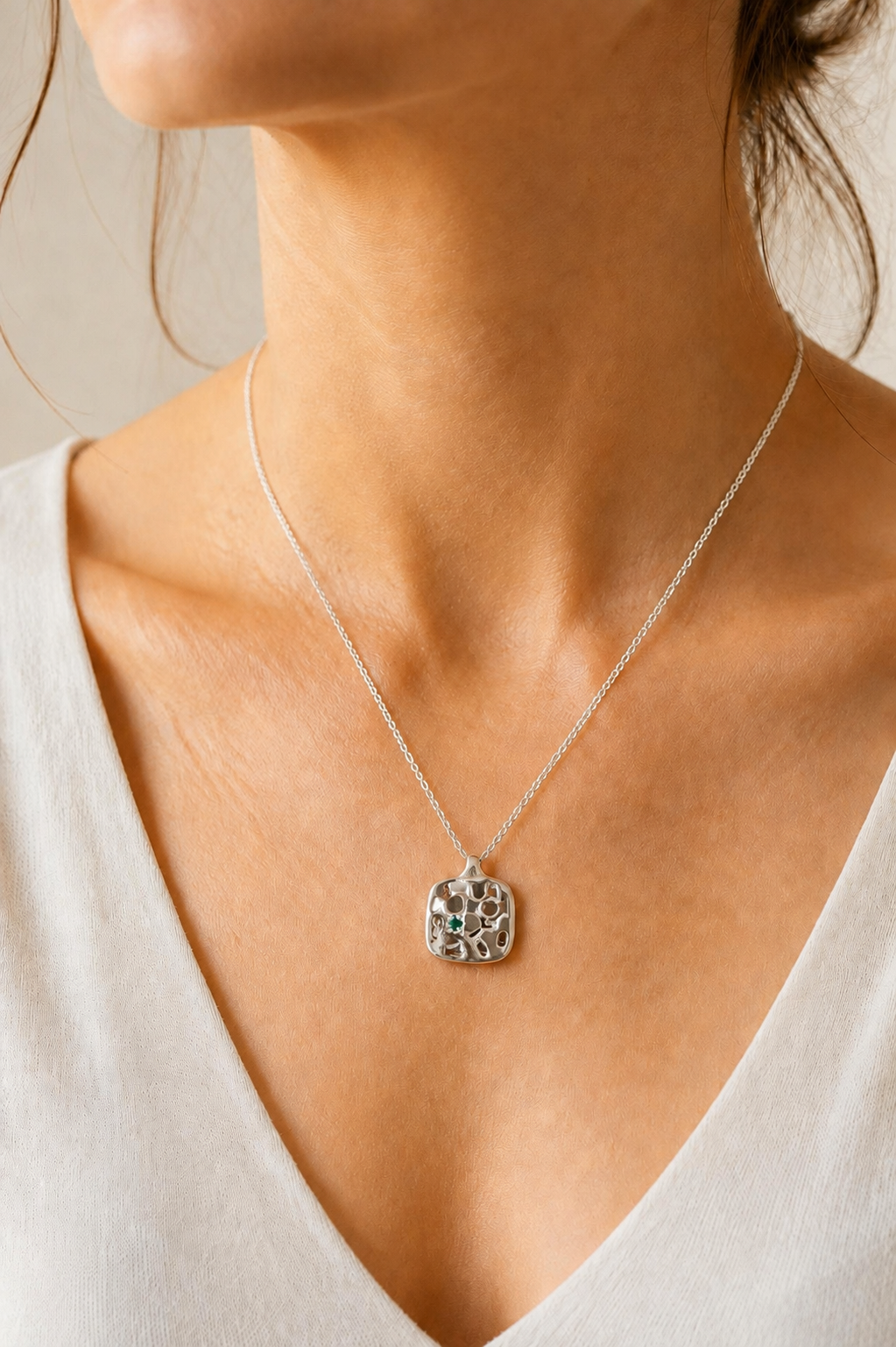 Organic Sterling Silver Pendant Necklace with Green Gemstone I Inner Garden