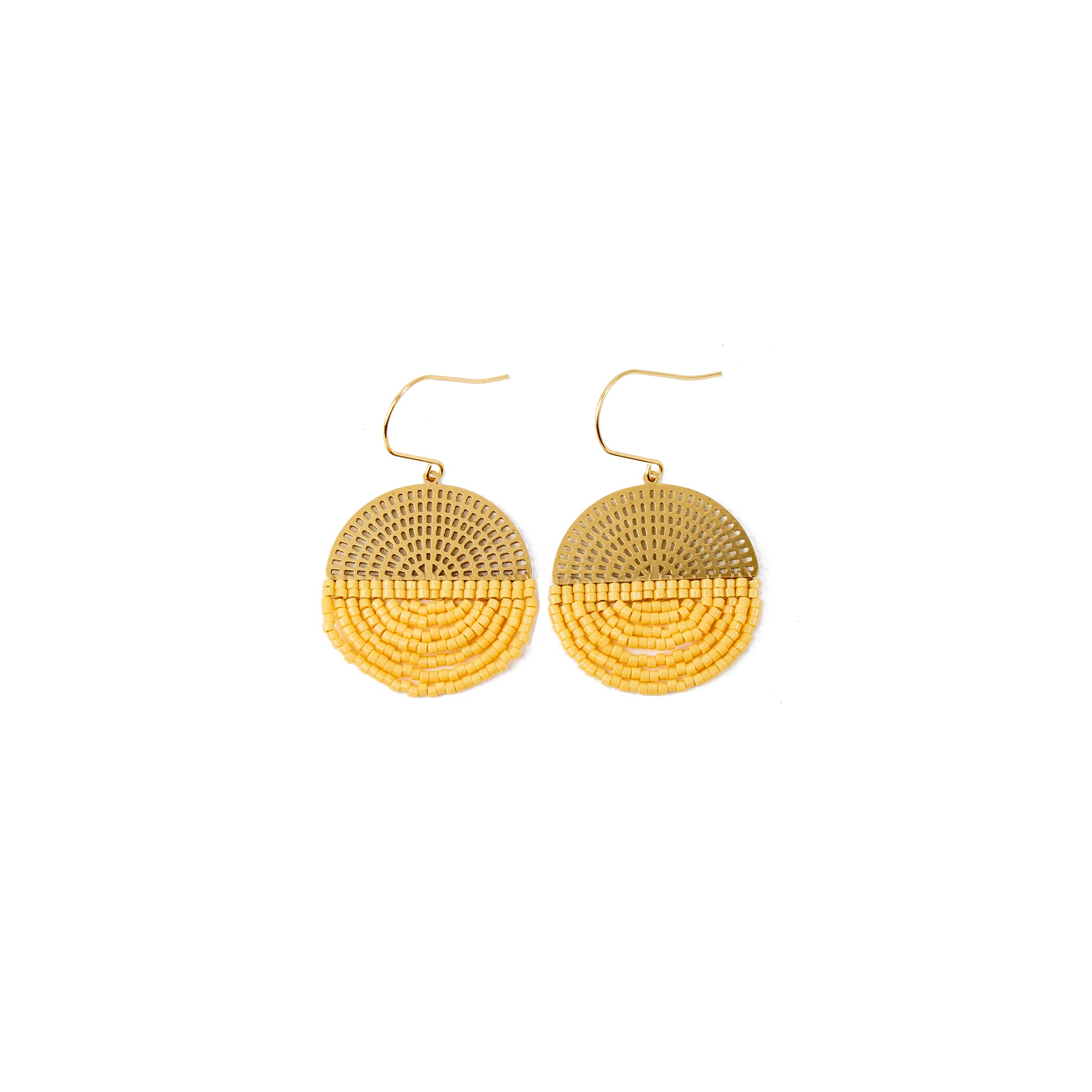 Yellow Mustard Hand Beaded Disk Fringe Earrings