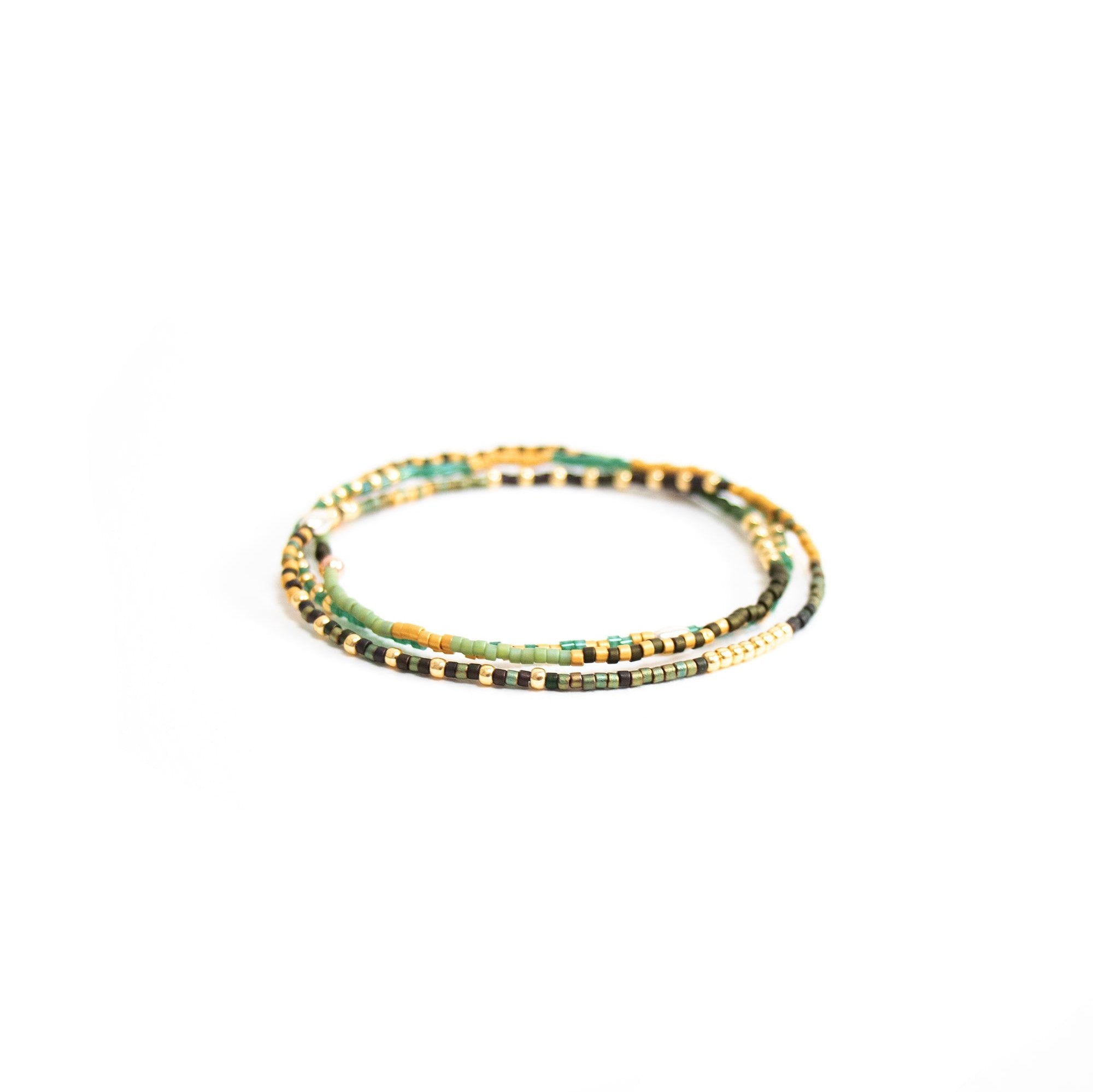 Seed Bead Stretch Bracelets set of 3 / Green Brown